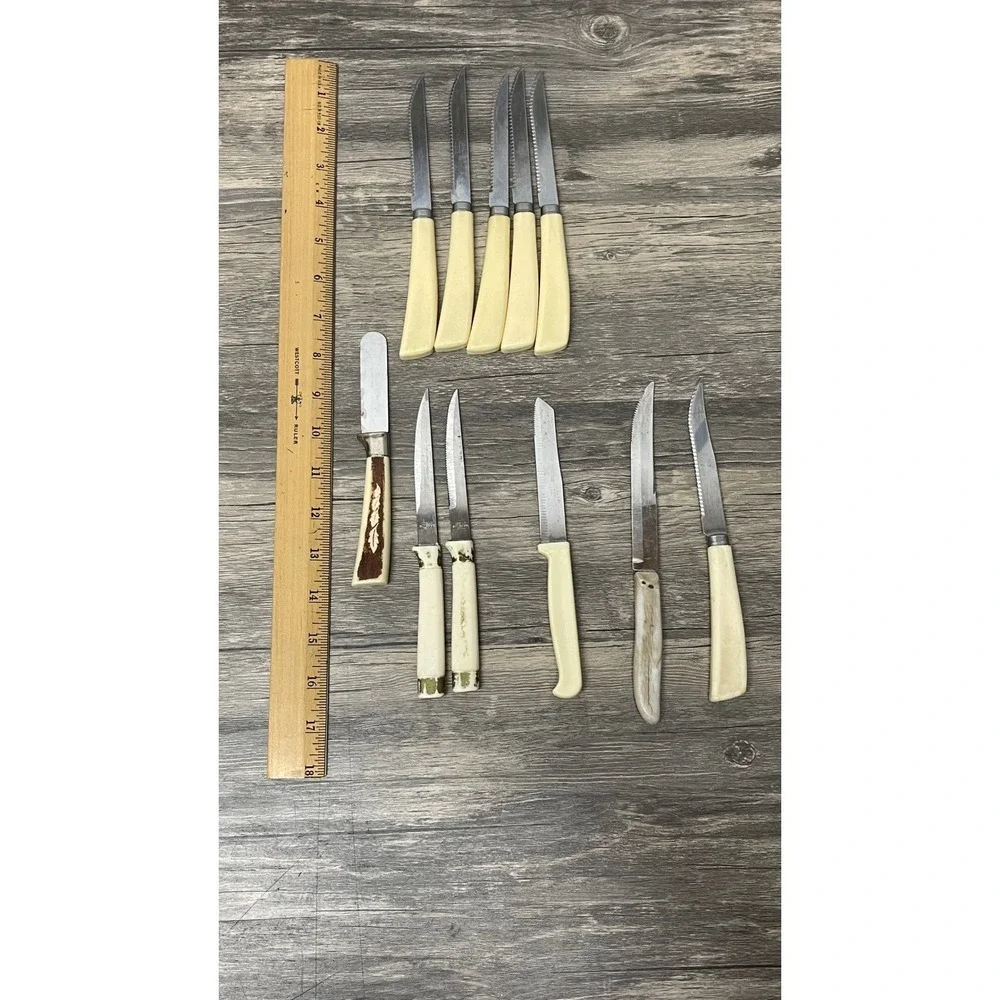Vintage Mixed Knife Lot 11pc Korium Quikut Regent Sheffield Faux Bone Stag Style